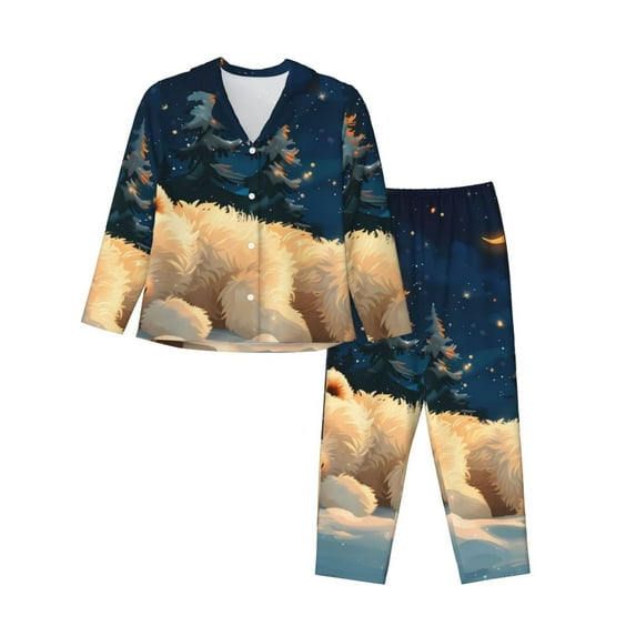 KLL Starry Sky Sleep White Bear Print Women's Long Sleeve Pajamas with Pants Sleepwear Loungewear 2 Set-Small
