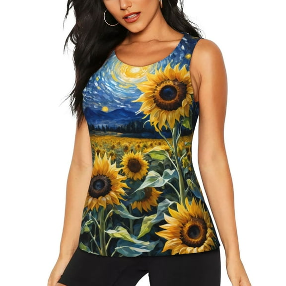 KLL Starry Sky Sunflower Print Womens Tank Top Sleeveless Workout Tops Athletic Running Shirts Yoga Gym Clothes-XX-Large