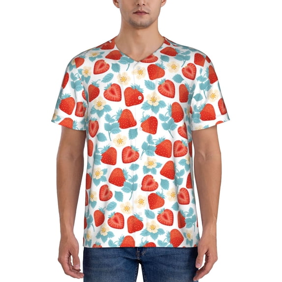 KLL Strawberries for Men's Baseball Shirts,Short Sleeve Casual Shirts Button Down Shirt for Men Beach Summer Wedding Shirt-Medium