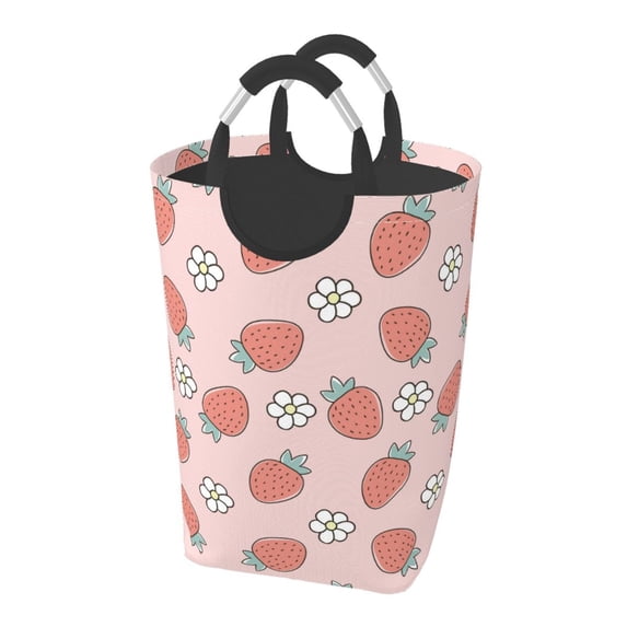 KLL Strawberry And Flowers Laundry Hamper,Large Canvas Fabric Lightweight Storage Basket Toy Organizer Dirty Clothes Collapsible Waterproof