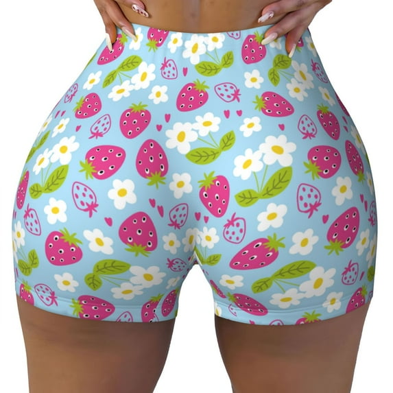 KLL Strawberry And Flowers Pattern Workout Shorts for Women Scrunch Short Gym Yoga Running Sport Active Exercise Fitness Shorts