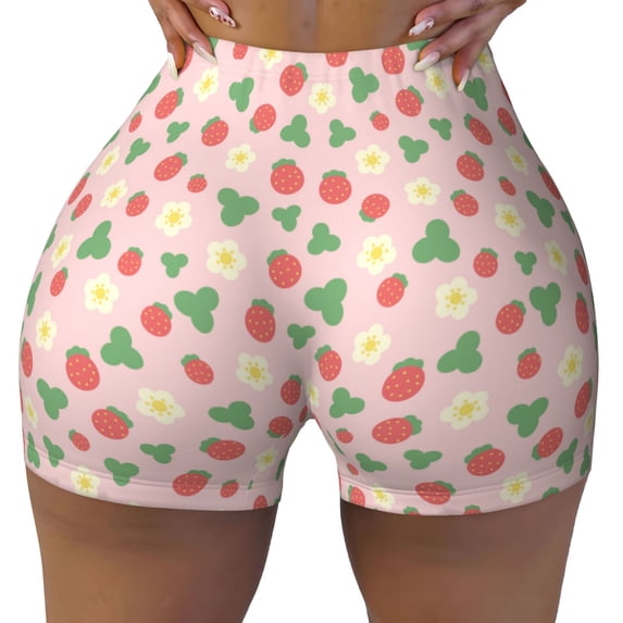 KLL Strawberry And Flowers Pattern Workout Shorts for Women Scrunch Short Gym Yoga Running Sport Active Exercise Fitness Shorts