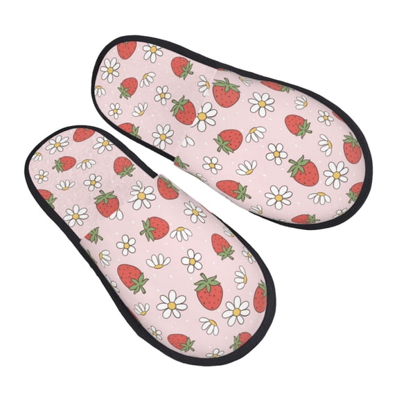 KLL Strawberry Floral Slippers for Women Men House Slip on Indoor Outdoor Bedroom Furry Fleece Lined Ladies Comfy Anti-Skid Rubber Hard Sole-Medium