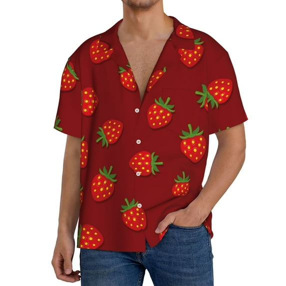KLL Strawberry Print Men's Shirt Short Sleeve Button Down Summer Cuba Beach Shirts- Medium