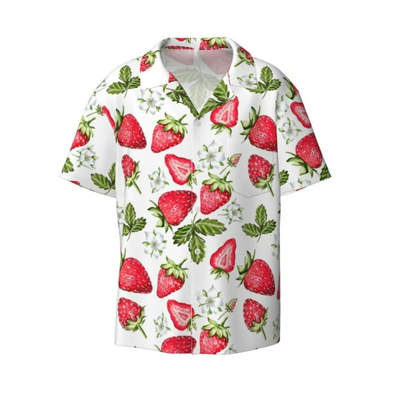 KLL Strawberry1 Print Men's Shirt Short Sleeve Button Down Summer Cuba Beach Shirts- XX-Large