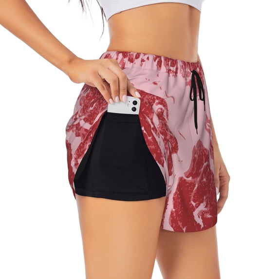 KLL Striped Meat Pattern Shorts Women,Athletic Shorts High Waisted Running Shorts Pocket Sporty Short Gym Elastic Workout Shorts-Medium