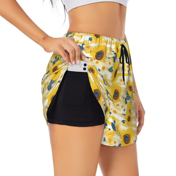 KLL Striped Sunflower Daisy Pattern Shorts Women,Athletic Shorts High Waisted Running Shorts Pocket Sporty Short Gym Elastic Workout Shorts-XX-Large