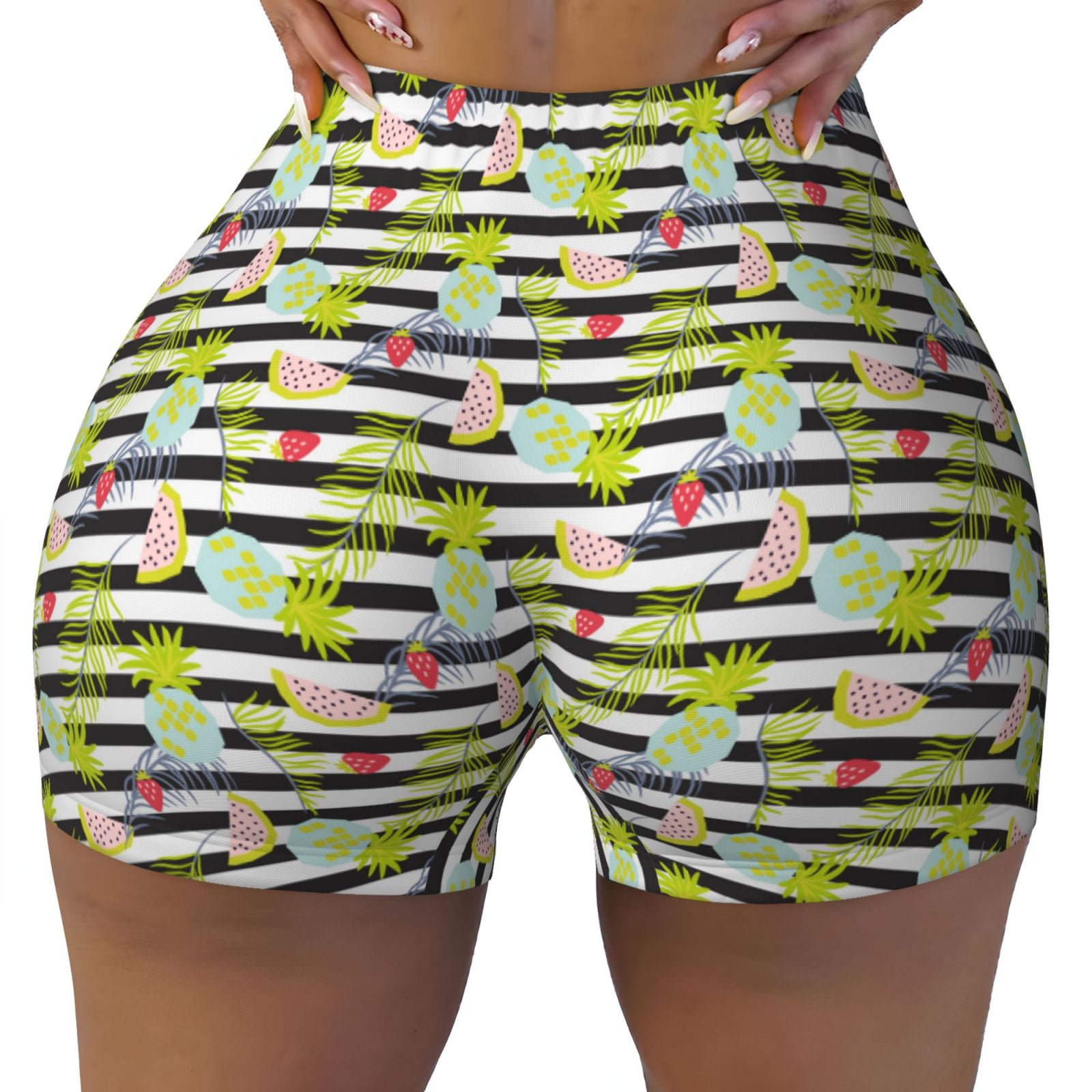 KLL Striped With Palm Tree Branches Pattern Workout Shorts for Women