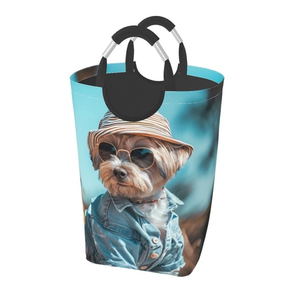 KLL Stylish Dog in Denim Outfit Laundry Hamper,Large Canvas Fabric Lightweight Storage Basket Toy Organizer Dirty Clothes Collapsible Waterproof