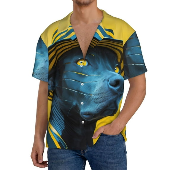 KLL Stylish Yellow Dog Print Men's Shirt Short Sleeve Button Down Summer Cuba Beach Shirts- 3X-Large