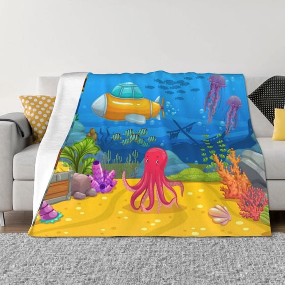 KLL Submarine And Landscape Print Fleece Throw Blanket, Horizontal Fleece Bedding Cute Soft Blankets Comfy Fleece Flannel Plush Home Decor for Couch & Bed -80"x60"