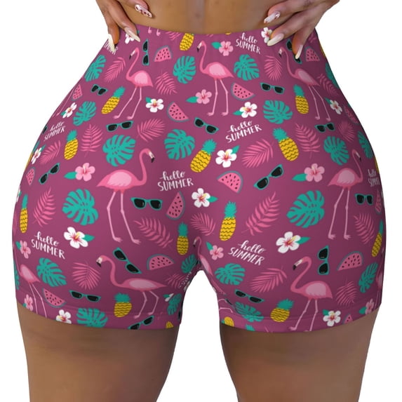 KLL Summer Flamingo Pattern Workout Shorts for Women Scrunch Short Gym Yoga Running Sport Active Exercise Fitness Shorts