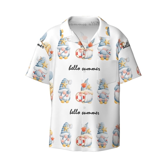 KLL Summer Gnome Print Men's Shirt Short Sleeve Button Down Summer Cuba Beach Shirts- XX-Large