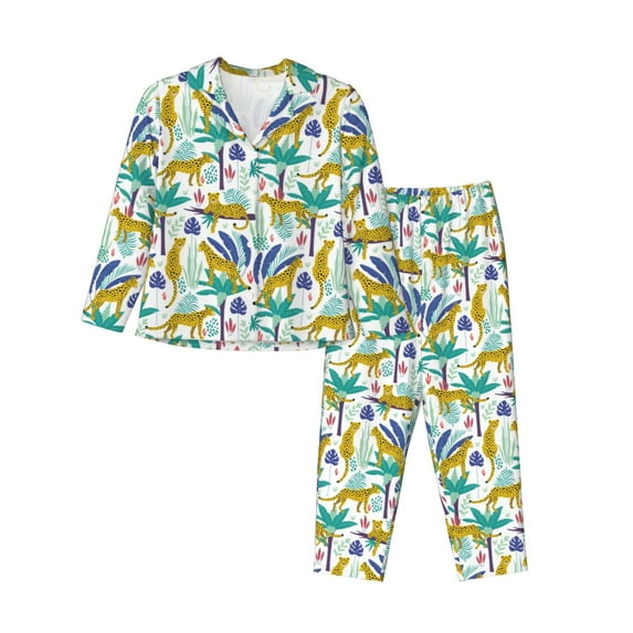 KLL Summer Leopard Print Women's Long Sleeve Pajamas with Pants Sleepwear Loungewear 2 Set-Large