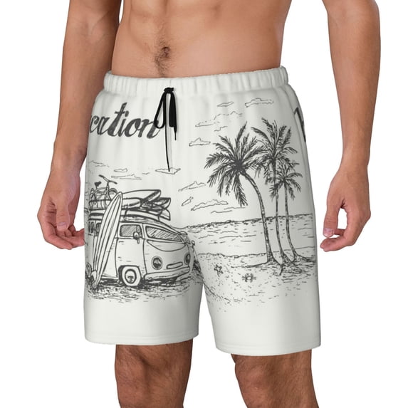 KLL Summer Vacation Scene With Camping Van for Mens Swim Trunks Quick Dry Swim Shorts with Built-in Compression Liner Funny Swimwear Bathing Suits-Large