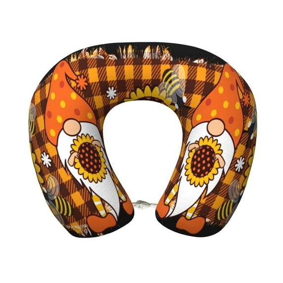 KLL Sunflower Gnomes and Bees Pattern Memory Foam Cervical Neck Pillow Versatile U-Shaped Pillows for Home/Office/Camping/Travelling/Soft Washable Cover