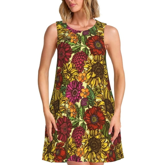KLL Sunflower Pattern Womens Summer Dresses 2025,Loose Round Neck Sleeveless Sundresses Tank Dresses with Pockets
