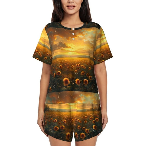 KLL Sunflower Sunset Rainfall Print Pajama Set for Women Short Sleeve Sleepwear Pjs Soft 2 Piece Lounge Sleepwear Sets-Medium