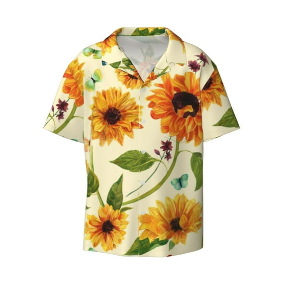 KLL Sunflowers And Butterflies Print Men's Shirt Short Sleeve Button Down Summer Cuba Beach Shirts- Large