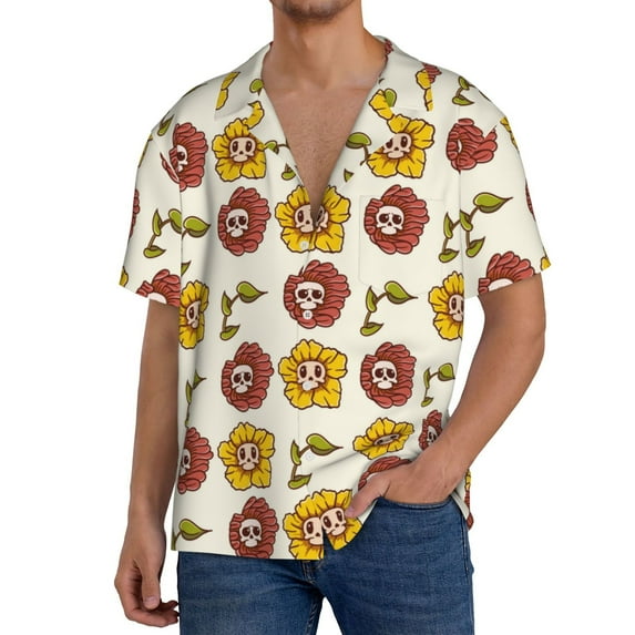 KLL Sunflowers And Skull Print Men's Shirt Short Sleeve Button Down Summer Cuba Beach Shirts- XX-Large