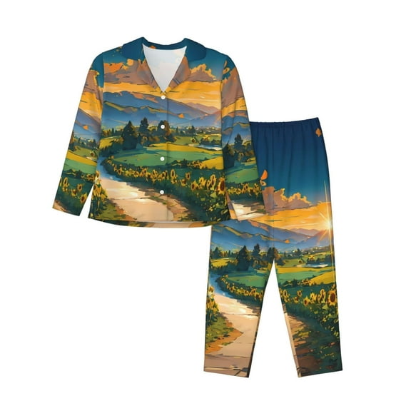 KLL Sunflowers At Sunset Print Women's Long Sleeve Pajamas with Pants Sleepwear Loungewear 2 Set-Small