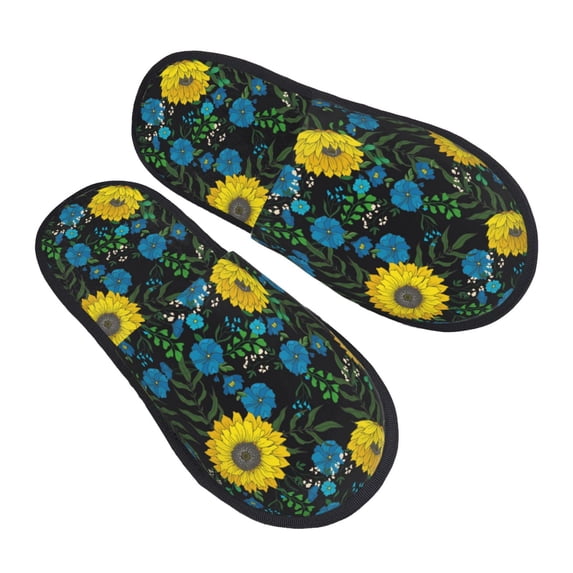 KLL Sunflowers And Blue Flower Slippers for Women Men House Slip on Indoor Outdoor Bedroom Furry Fleece Lined Ladies Comfy Anti-Skid Rubber Hard Sole-Medium