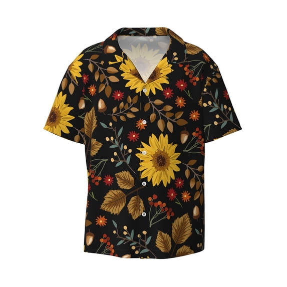 KLL Sunflowers Leaves Print Men's Shirt Short Sleeve Button Down Summer Cuba Beach Shirts- X-Large