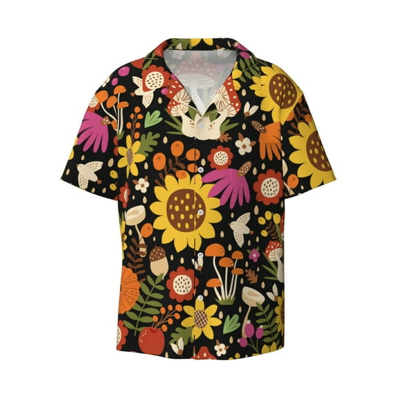 KLL Sunflowers Mushrooms Print Men's Shirt Short Sleeve Button Down Summer Cuba Beach Shirts- Small