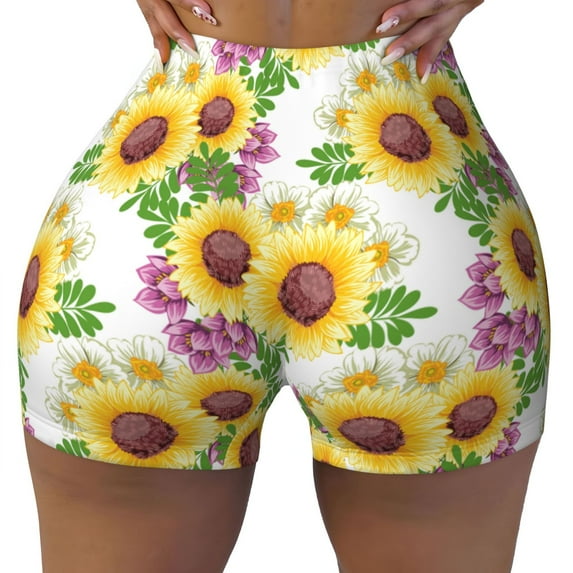 KLL Sunflowers Pattern Workout Shorts for Women Scrunch Short Gym Yoga Running Sport Active Exercise Fitness Shorts