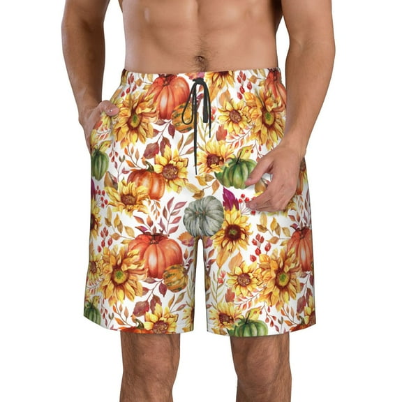 KLL Sunflowers Pumpkins And Autumn Leaves Men's Casual Summer Beach Shorts Hawaiian Shorts with Pockets-Small
