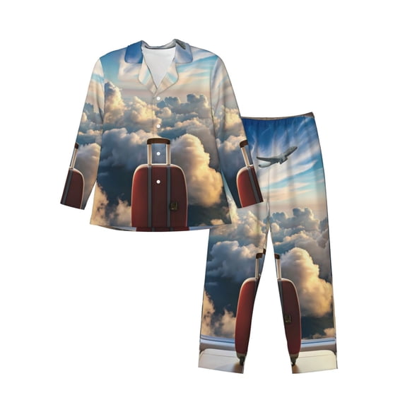 KLL Sunset Airplane Travel View Sleepwear Mens Flannel Pajamas,Long Cotton Pj Set