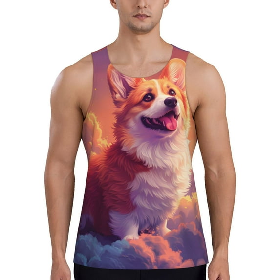 KLL Sunset Cloud Corgi Print Men's Muscle Gym Workout Stringer Tank Tops Bodybuilding Fitness T-Shirts Tank Tops Men-4X-Large