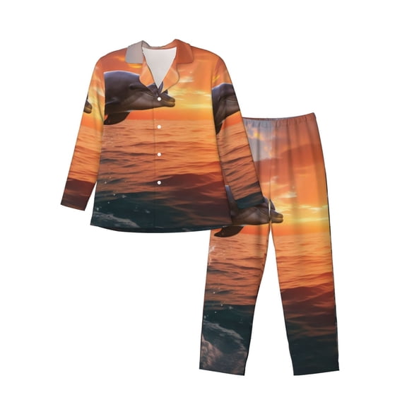 KLL Sunset Dancing Dolphin B Sleepwear Mens Flannel Pajamas,Long Cotton Pj Set