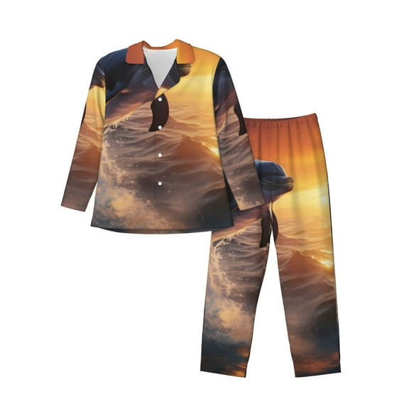 KLL Sunset Dancing Dolphin Sleepwear Mens Flannel Pajamas,Long Cotton Pj Set