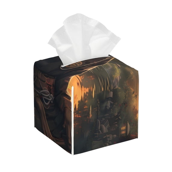 KLL Sunset Meditating Doberman Print Tissue Box Cover,Leather Tissue Holder Square Facial Tissue Case Facial Paper Organizer Dispenser for Bathroom, Vanity Countertop