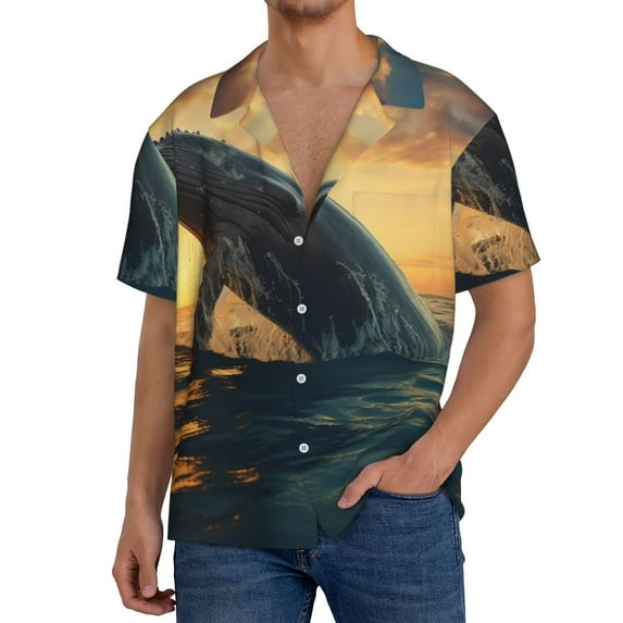 KLL Sunset Ocean Whale Print Men's Shirt Short Sleeve Button Down Summer Cuba Beach Shirts- 4X-Large