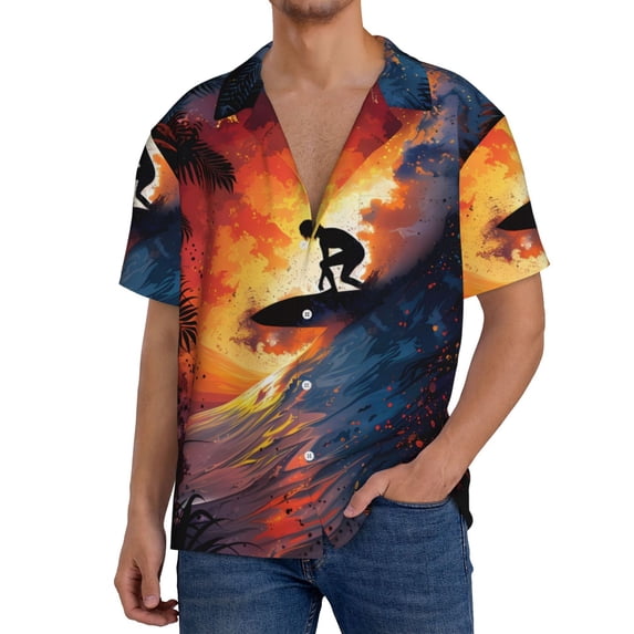 KLL Sunset Surfing Silhouette Print Men's Shirt Short Sleeve Button Down Summer Cuba Beach Shirts- Large