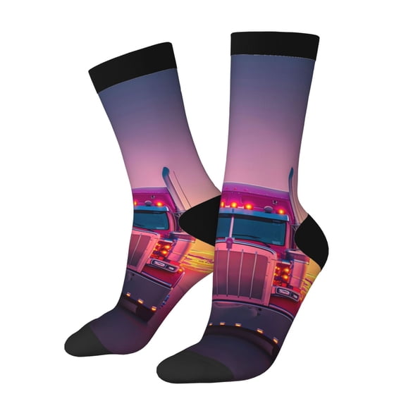 KLL Sunset Truck Highway Print Cool Socks Men's Women's Crew Socks Funny Crazy Novelty Stockings