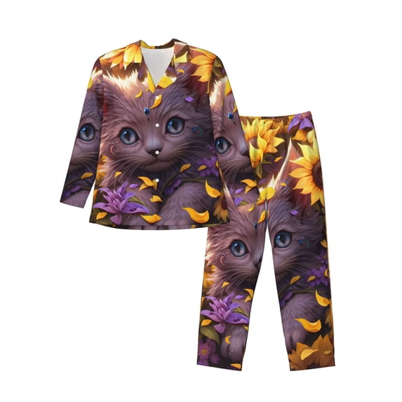 KLL Sunshine Cute Cat Sunflower Sleepwear Mens Flannel Pajamas,Long Cotton Pj Set