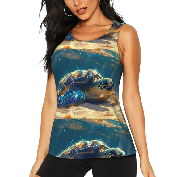 KLL Sunshine Underwater Sand Turtle Print Womens Tank Top Sleeveless Workout Tops Athletic Running Shirts Yoga Gym Clothes-XX-Large