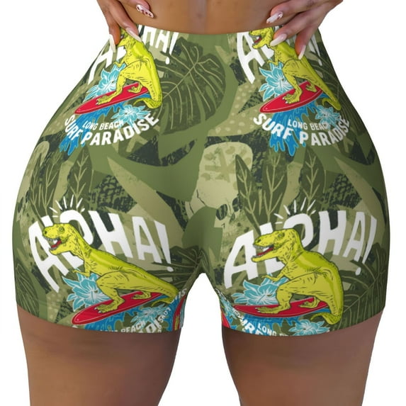 KLL Surfing Dinosaur Pattern Workout Shorts for Women Scrunch Short Gym Yoga Running Sport Active Exercise Fitness Shorts
