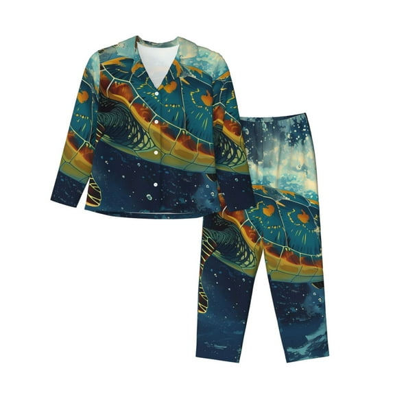 KLL Surfing Turtle Print Women's Long Sleeve Pajamas with Pants Sleepwear Loungewear 2 Set-Medium