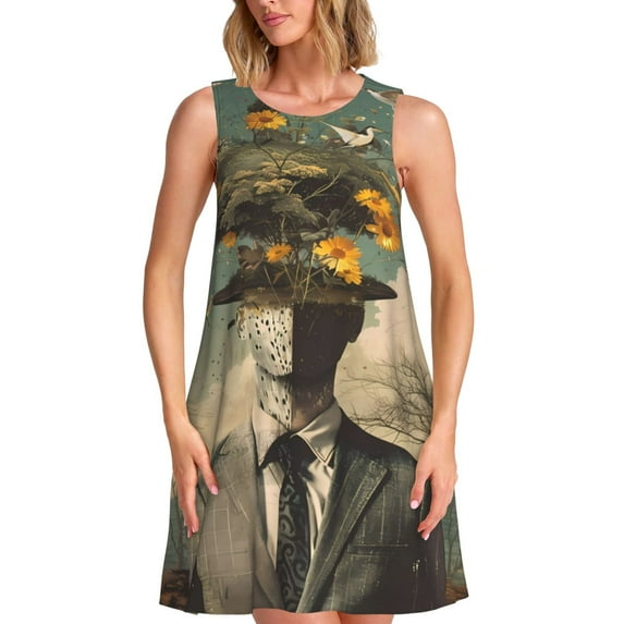 KLL Surreal Floral Mindscape Pattern Womens Summer Dresses 2025,Loose Round Neck Sleeveless Sundresses Tank Dresses with Pockets