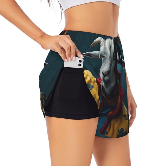 KLL Surrealist Goat Pattern Shorts Women,Athletic Shorts High Waisted Running Shorts Pocket Sporty Short Gym Elastic Workout Shorts-Medium