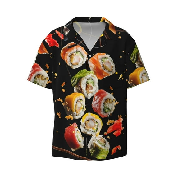 KLL Sushi Print Men's Shirt Short Sleeve Button Down Summer Cuba Beach Shirts- Large