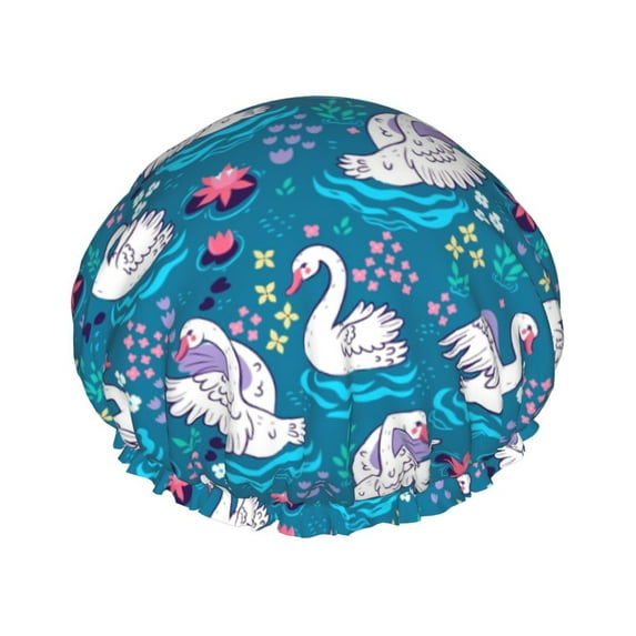 KLL Swan On The Pond Pattern Shower Cap & Bath Cap for Women,Reversible Oversized Waterproof Shower Caps for all Hair Lengths,Elastic Reusable Bathing Hair Cap