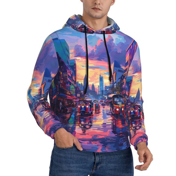 KLL Taxi Colorful Town Print Mens Hoodie Long Sleeve Casual Pullover Hooded Sweatshirt Fashion Drawstring Hoodies with Pocket-Small