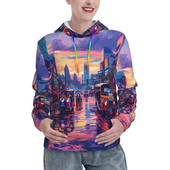 KLL Taxi Colorful Town for Womens Pullover Hoodie with Pocket Hooded Long Sleeve Shirts Sweatshirt for Women-Large