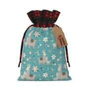 KLL Teal Mama Llama for Christmas Gift Bag,Christmas Burlap Goody Gift Bags with Plaid Drawstrings for Xmas Presents Holiday Party Favor Treats Candy-Black