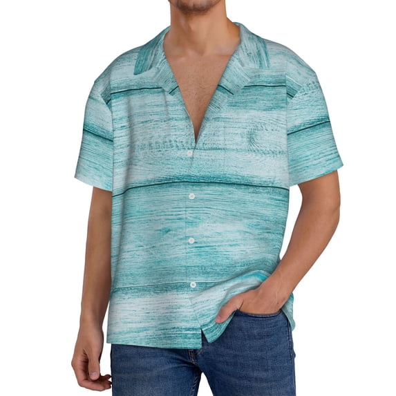 KLL Teal Turquoise Wood Print Men's Shirt Short Sleeve Button Down Summer Cuba Beach Shirts- Medium